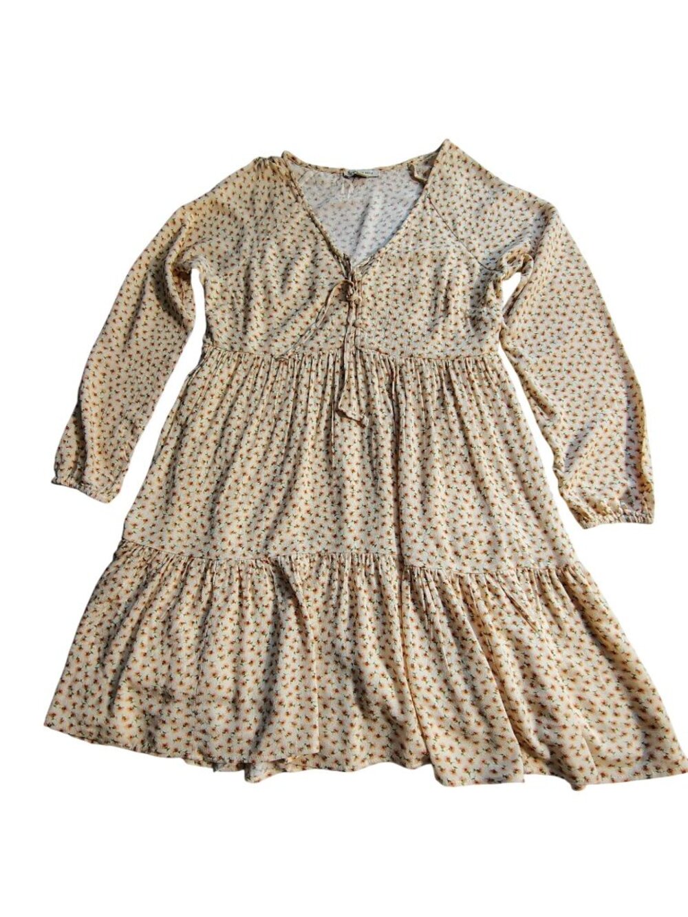 American Eagle Floral Print Cream Long-Sleeve Tiered Mini Dress XS Lightweight